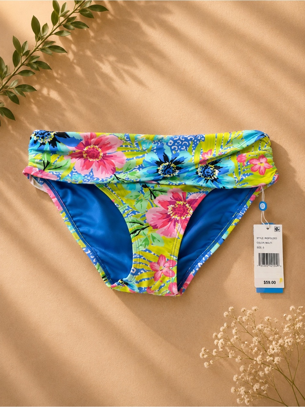 Floral Fold-Over Bikini Bottoms - Bright Blue & Pink